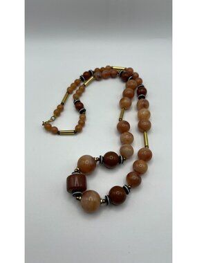 Vintage Agate Beaded Necklace With Gold-Tone Accents & Barrel Clasp